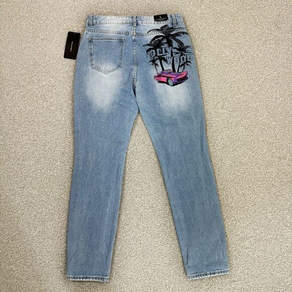 American Bazi Distressed Boyfriend Jeans Hollywood Graffiti Blue Large - Picture 1 of 12